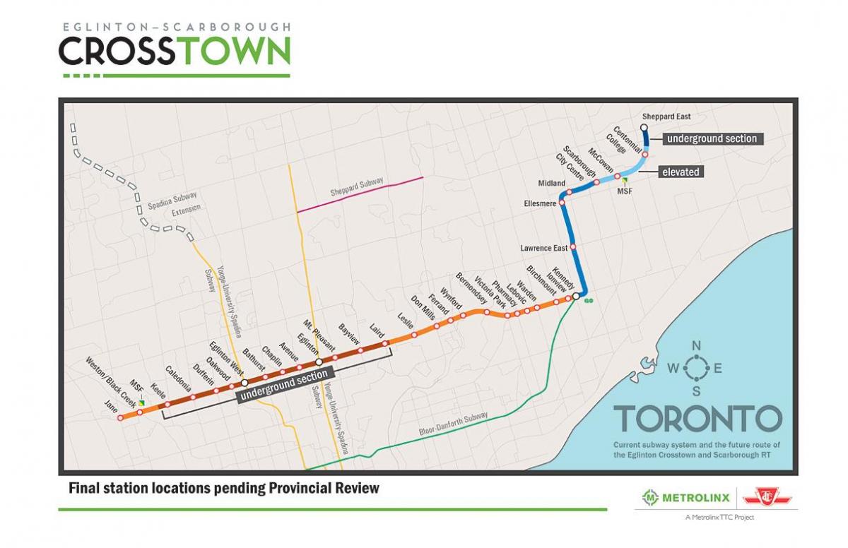 Карта на Торонто метрото линија 5 Eglinton