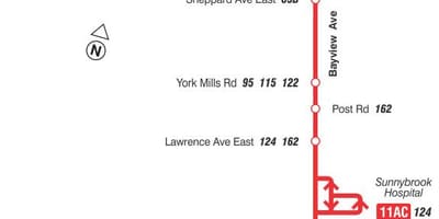 Карта на TTC 11 Bayview автобус пат Торонто