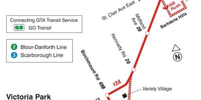 Карта на TTC 12 Кингстон Rd автобус пат Торонто