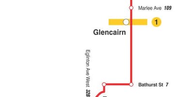 Карта на TTC 14 Glencairn автобус пат Торонто