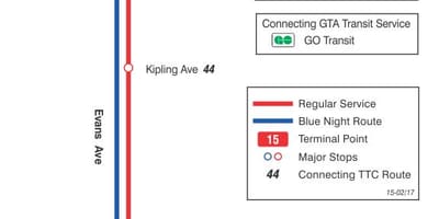 Карта на TTC 15 Еванс автобус пат Торонто