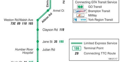 Карта на TTC 186 Вилсон Ракета автобус пат Торонто