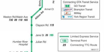 Карта на TTC 186 Вилсон Ракета автобус пат Торонто