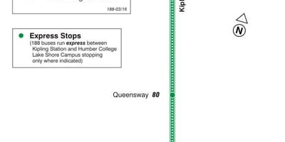 Карта на TTC 188 Kipling Јужна Ракета автобус пат Торонто