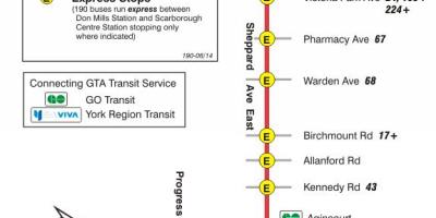 Карта на TTC 190 Scarborough Центар Ракета автобус пат Торонто