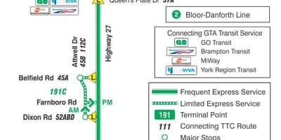 Карта на TTC 191 Автопат 27 Ракета автобус пат Торонто