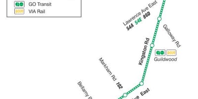 Карта на TTC 198 У Т Scarborough Ракета автобус пат Торонто