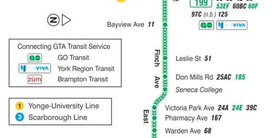 Карта на TTC 199 Финч Ракета автобус пат Торонто