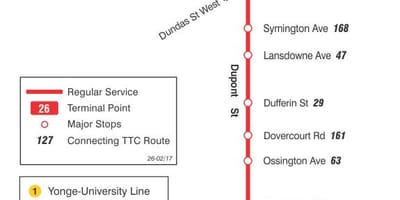Карта на TTC 26 Dupont автобус пат Торонто