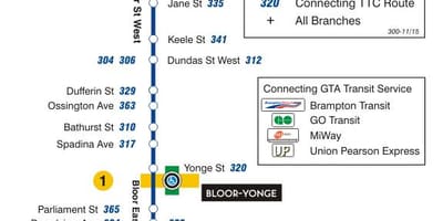 Карта на TTC 300A Bloor-Danforth автобус пат Торонто