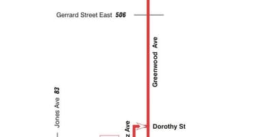 Карта на TTC 31 Greenwood автобус пат Торонто