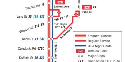 Карта на TTC 32 Eglinton Запад автобус пат Торонто