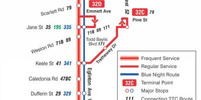 Карта на TTC 32 Eglinton Запад автобус пат Торонто