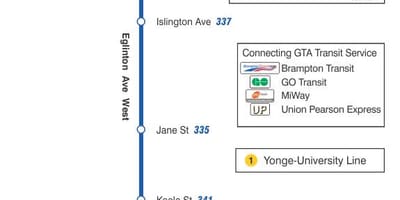 Карта на TTC 332 Eglinton Запад автобус пат Торонто