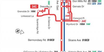 Карта на TTC 34 Eglinton Исток автобус пат Торонто