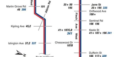 Карта на TTC 36 Финч Запад автобус пат Торонто