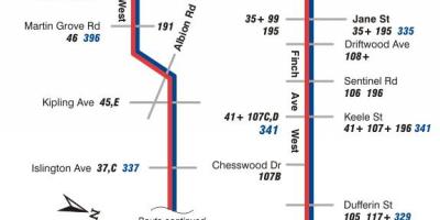 Карта на TTC 36 Финч Запад автобус пат Торонто