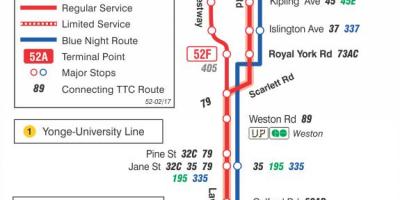 Карта на TTC 52 Лоренс Запад автобус пат Торонто