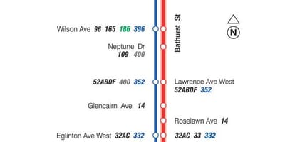 Карта на TTC 7 Bathurst автобус пат Торонто