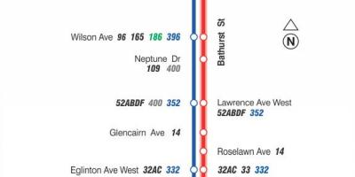 Карта на TTC 7 Bathurst автобус пат Торонто