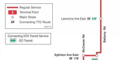 Карта на TTC 9 Bellamy автобус пат Торонто
